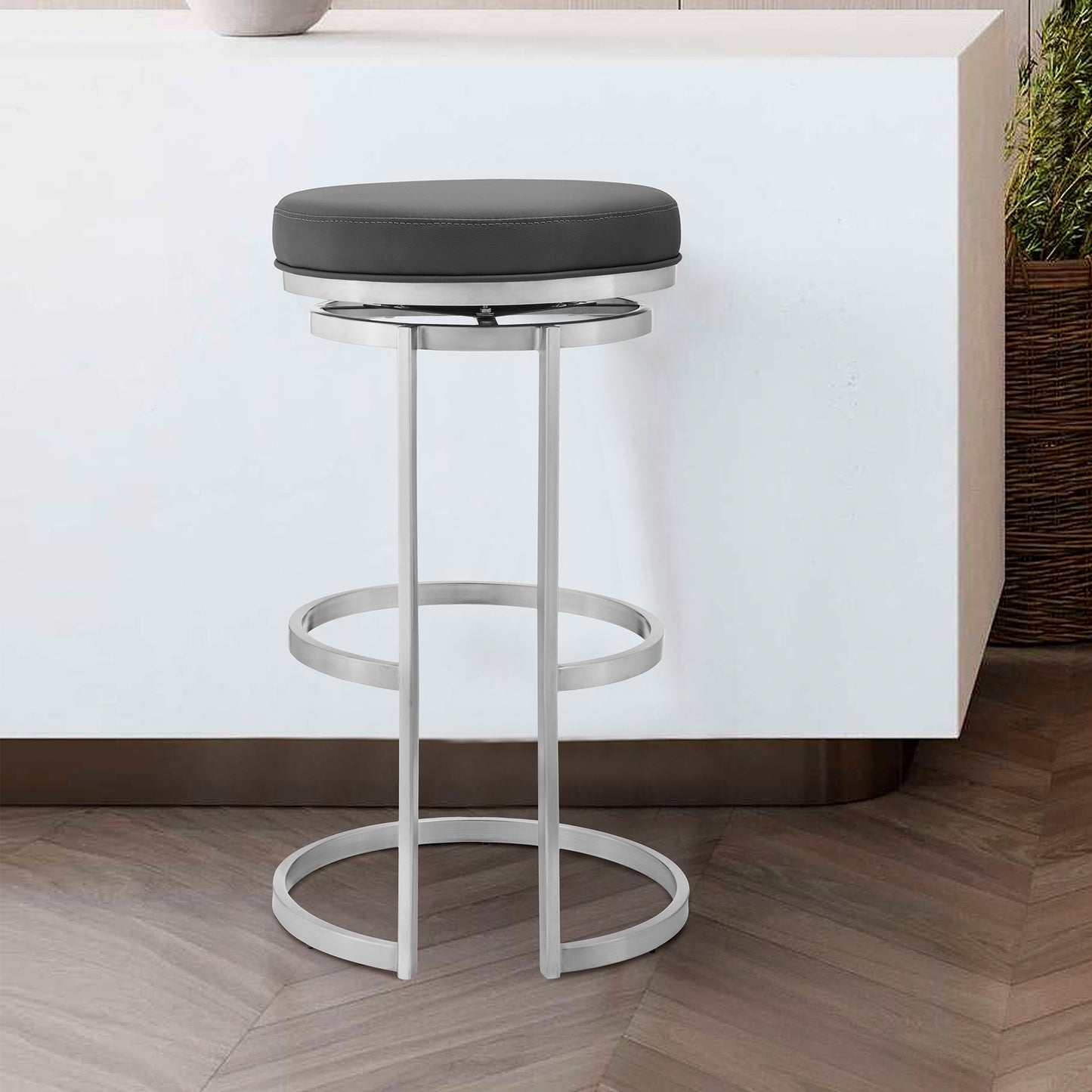 Vander Faux Leather and Brushed Stainless Steel Swivel Bar Stool