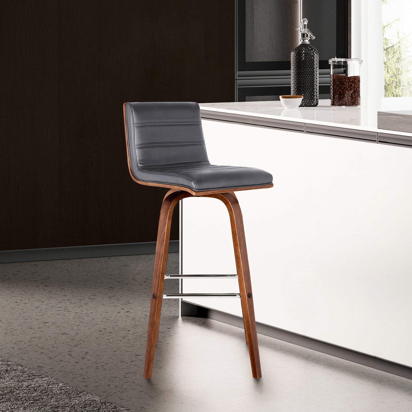 Vienna 26" Swivel Counter Stool in Walnut Wood Finish with Gray Faux Leather