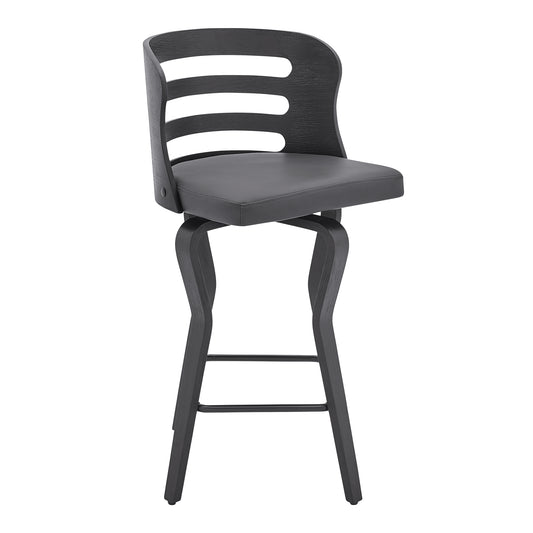 Verne Swivel Gray Faux Leather Bar Stool with Wood Base