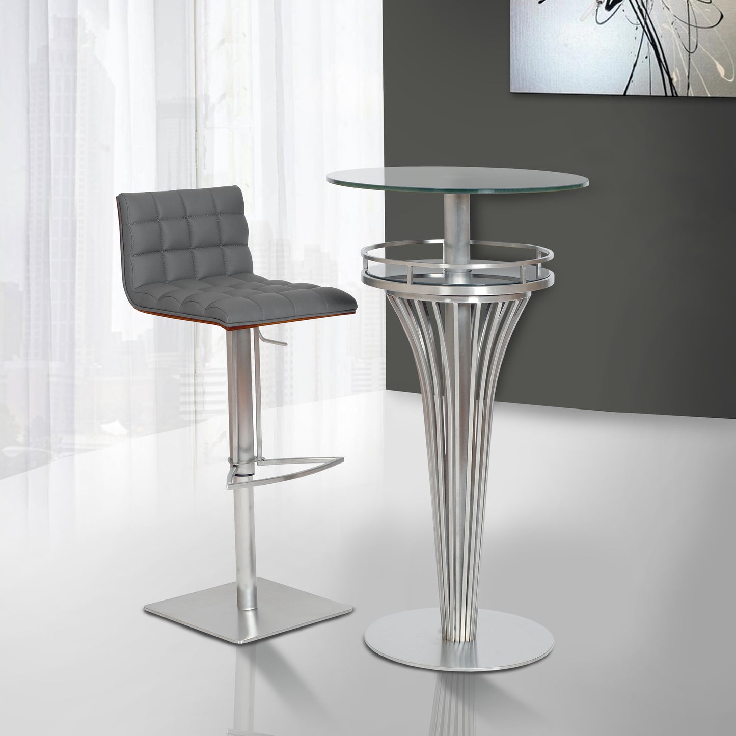 Yukon Contemporary Bar Table In Stainless Steel and Gray Frosted Glass