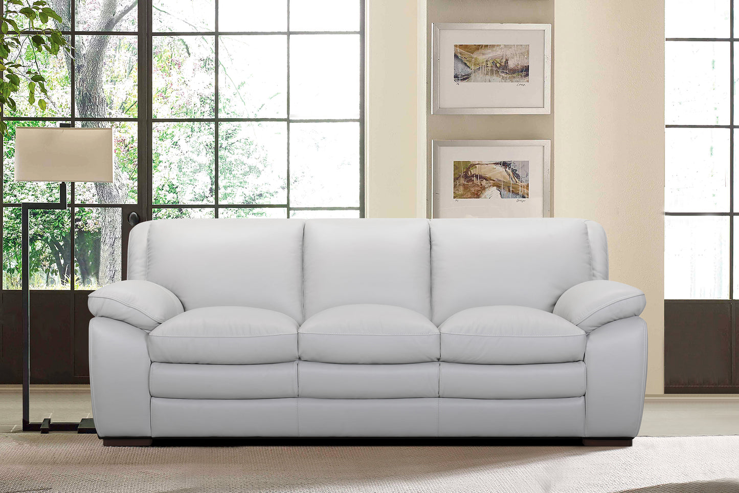 Zanna Contemporary Sofa in Genuine Dove Gray Leather with Brown Wood Legs