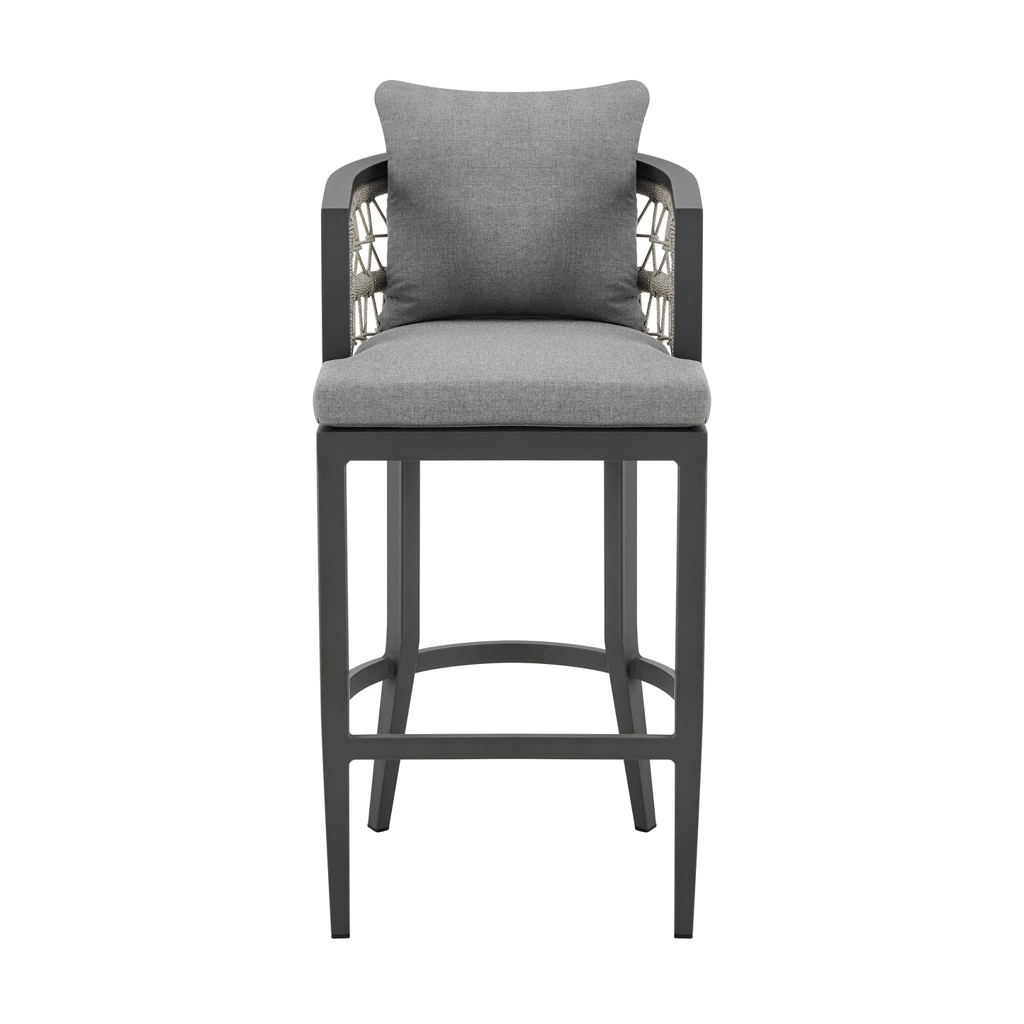 Zella Outdoor Patio Bar Stool in Aluminum with Light Gray Rope and Earl Gray Cushions
