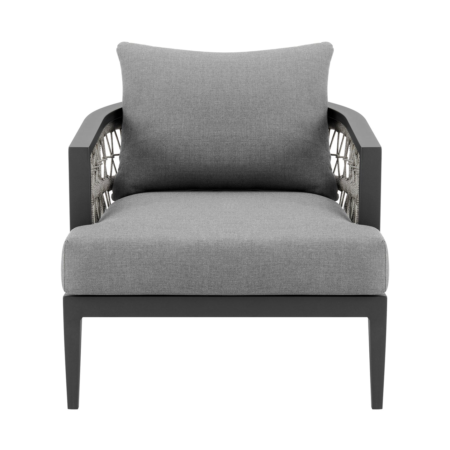 Zella Outdoor Patio Armchair in Aluminum with Light Gray Rope and Earl Gray Cushions