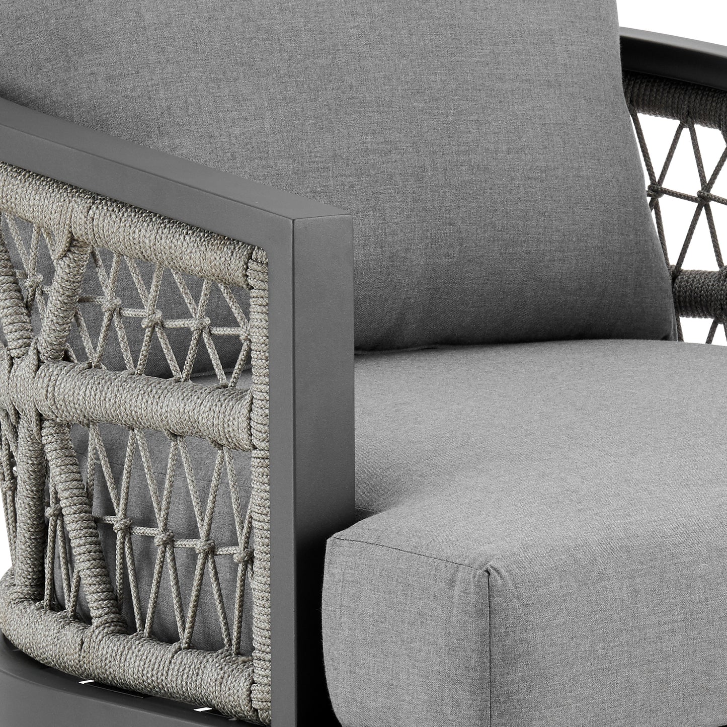 Zella Outdoor Patio Armchair in Aluminum with Light Gray Rope and Earl Gray Cushions