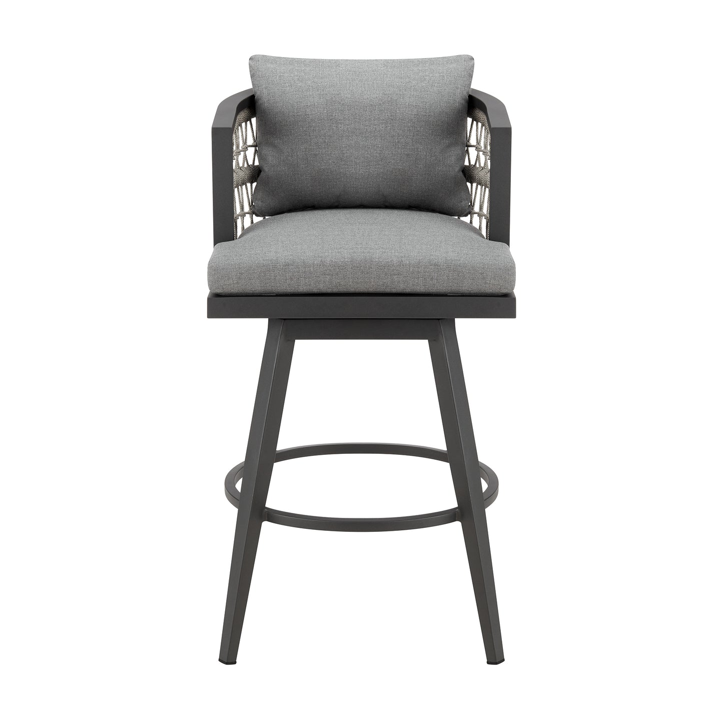 Zella Outdoor Patio Swivel Counter Stool in Aluminum with Light Gray Rope and Earl Gray Cushions
