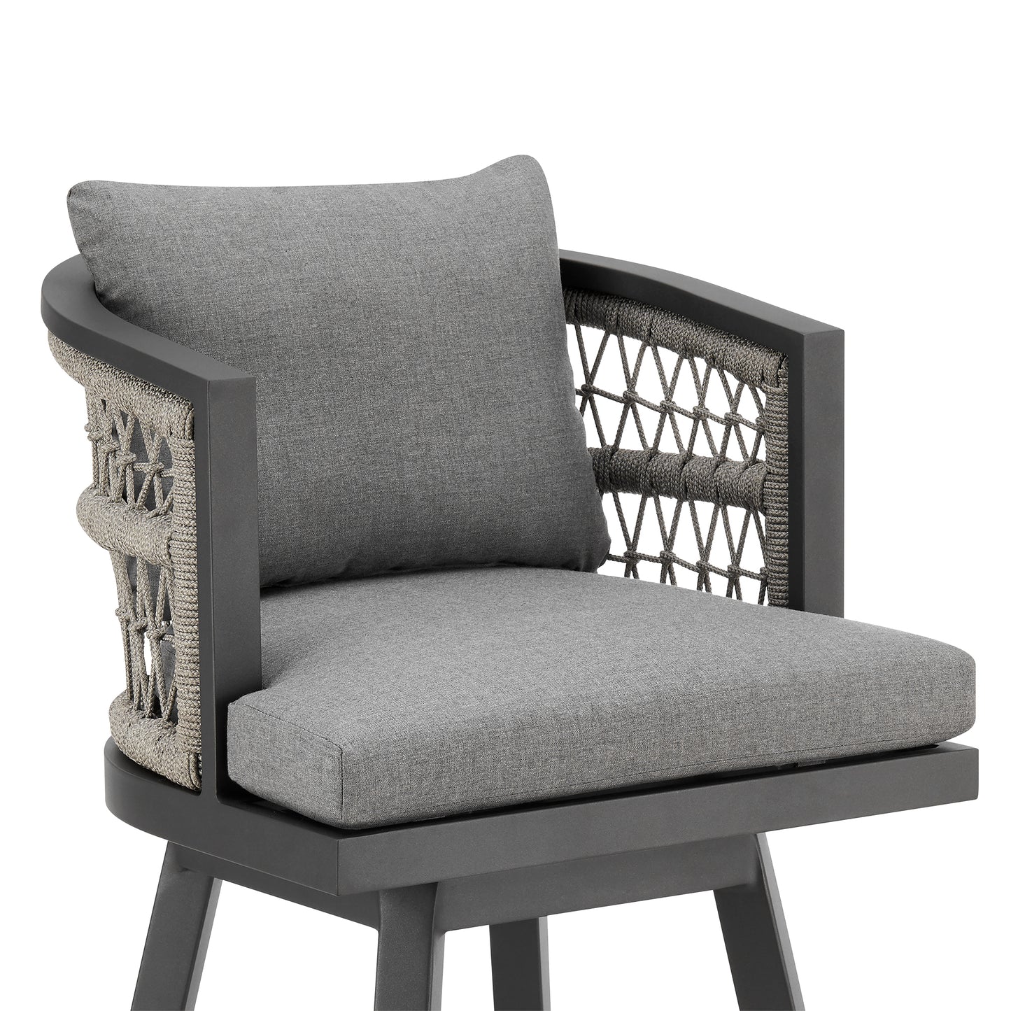Zella Outdoor Patio Swivel and Counter Stool in Aluminum with Light Gray Rope and Cushions