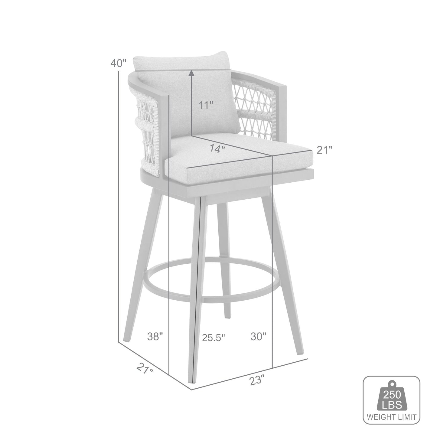 Zella Outdoor Patio Swivel and Counter Stool in Aluminum with Light Gray Rope and Cushions
