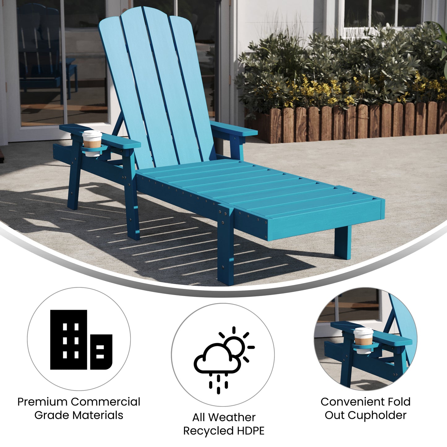 Sonora Commercial Grade Adjustable Adirondack Lounger with Cup Holder, All-Weather Indoor/Outdoor Recycled HDPE Lounge Chair in Blue Blue
