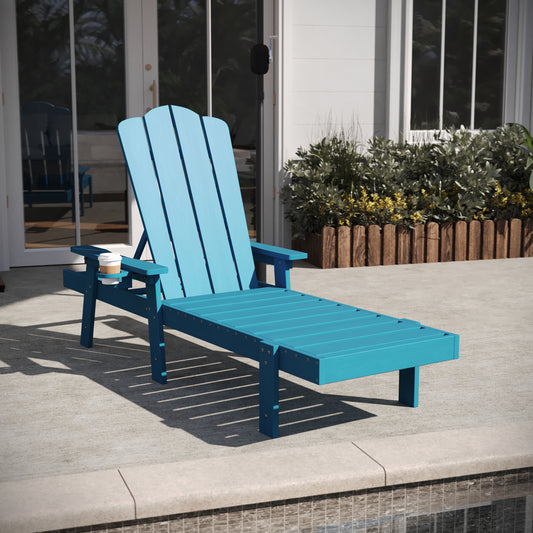 Sonora Commercial Grade Adjustable Adirondack Lounger with Cup Holder, All-Weather Indoor/Outdoor Recycled HDPE Lounge Chair in Blue Blue