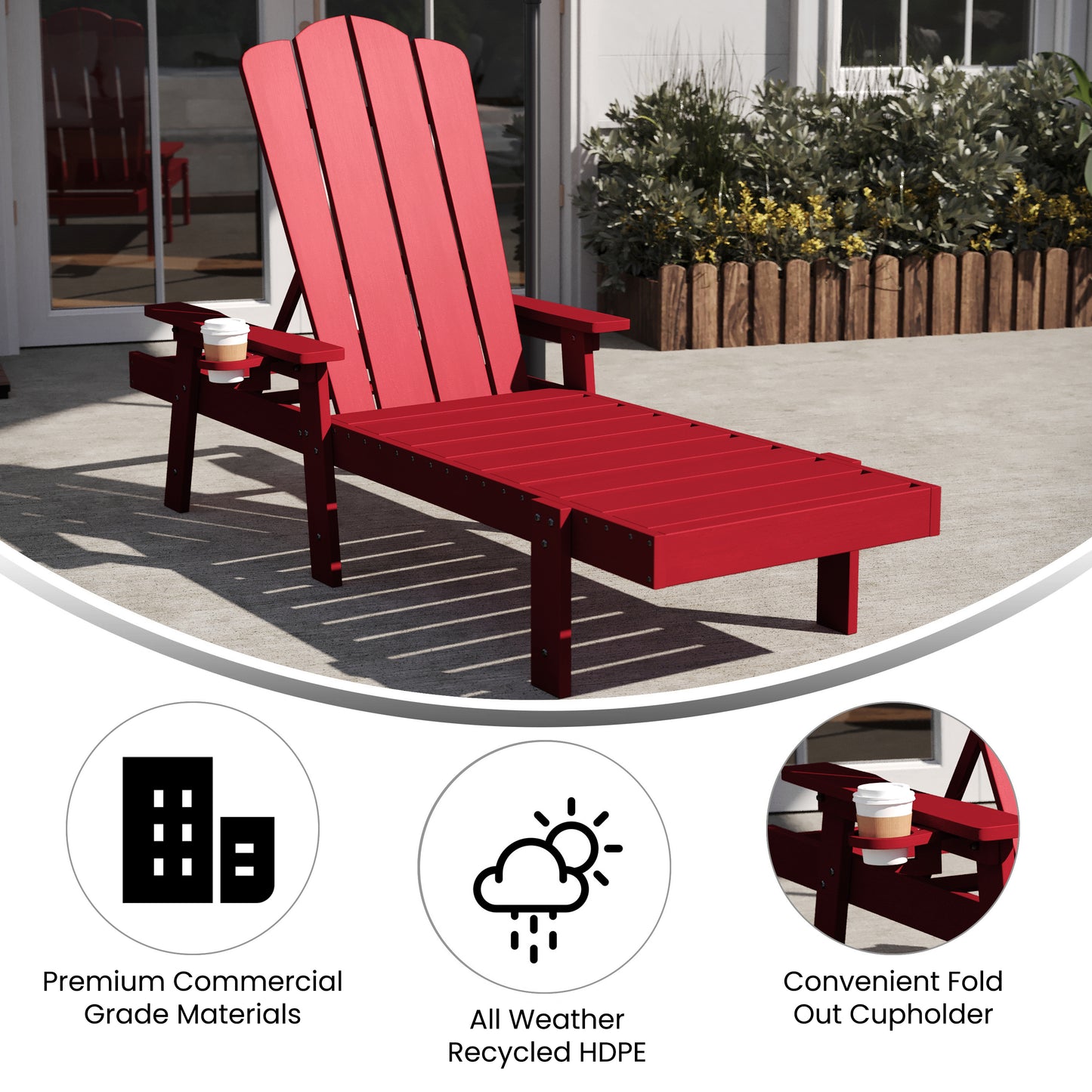 Sonora Commercial Grade Adjustable Adirondack Lounger with Cup Holder, All-Weather Indoor/Outdoor Recycled HDPE Lounge Chair in Red Red