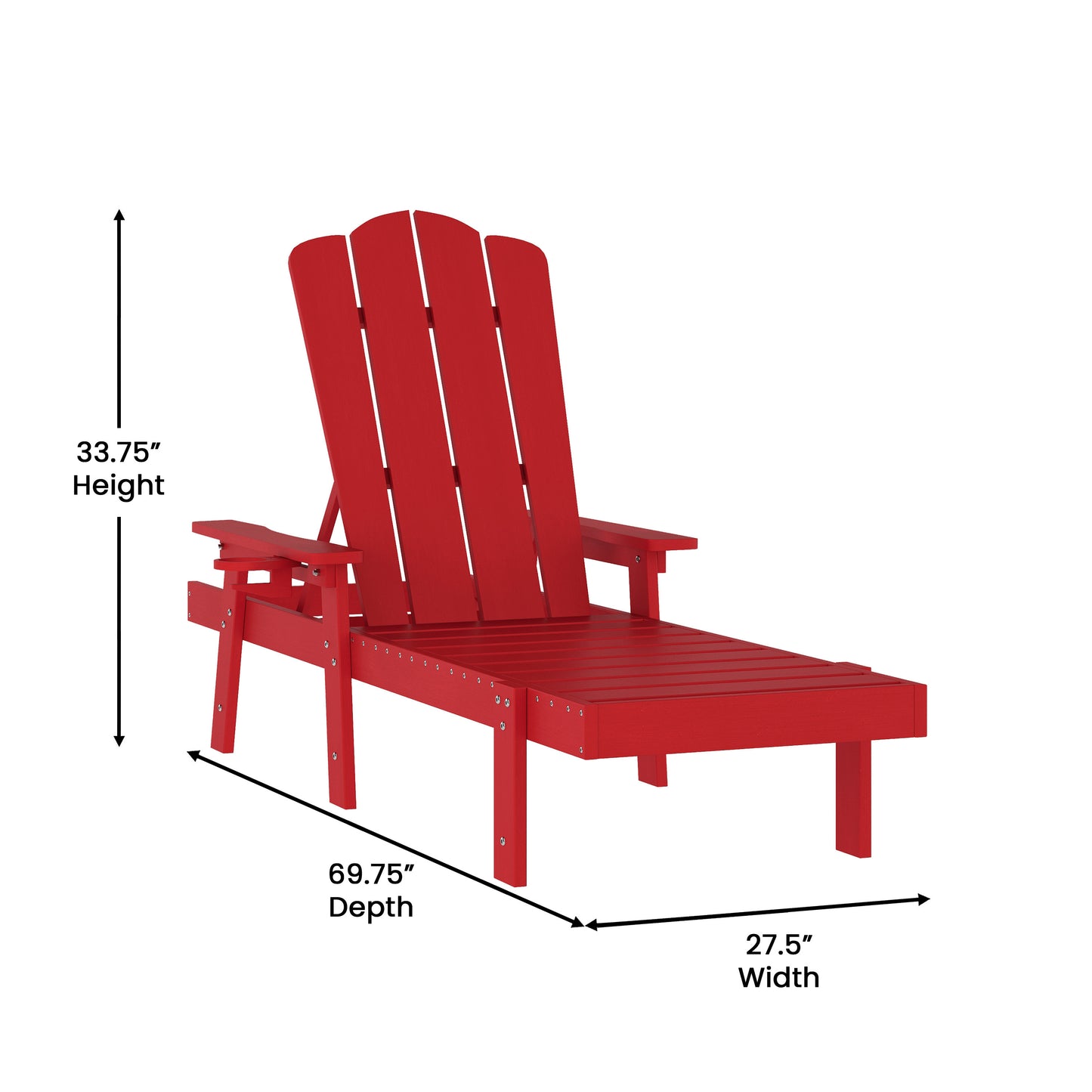 Sonora Commercial Grade Adjustable Adirondack Lounger with Cup Holder, All-Weather Indoor/Outdoor Recycled HDPE Lounge Chair in Red Red