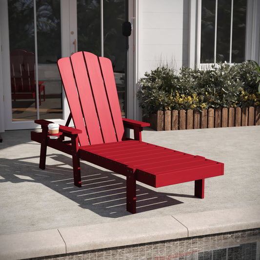Sonora Commercial Grade Adjustable Adirondack Lounger with Cup Holder, All-Weather Indoor/Outdoor Recycled HDPE Lounge Chair in Red Red