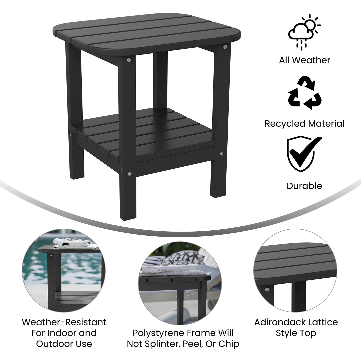 Newport HDPE 2-Tier Adirondack Side Table - All-Weather - Indoor/Outdoor Black Black