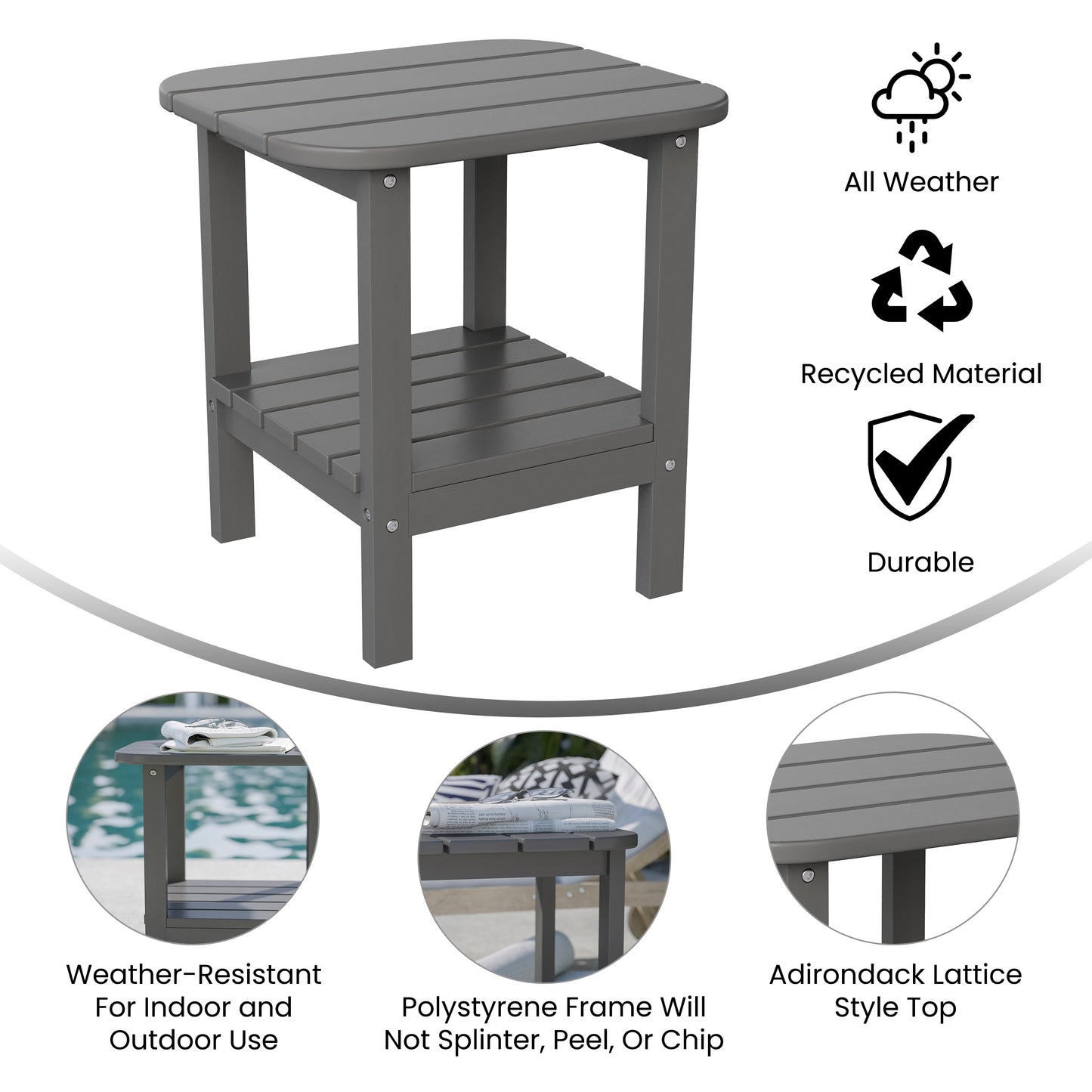 Newport HDPE 2-Tier Adirondack Side Table - All-Weather - Indoor/Outdoor Gray Gray