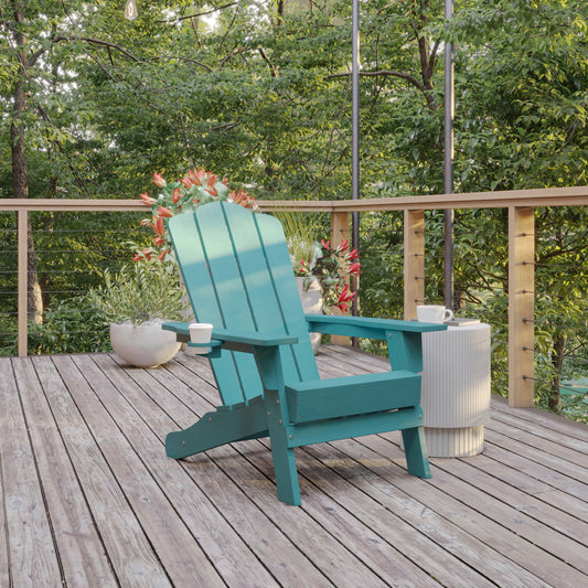 Newport Adirondack Chair with Cup Holder, Weather Resistant HDPE Adirondack Chair in Blue Blue