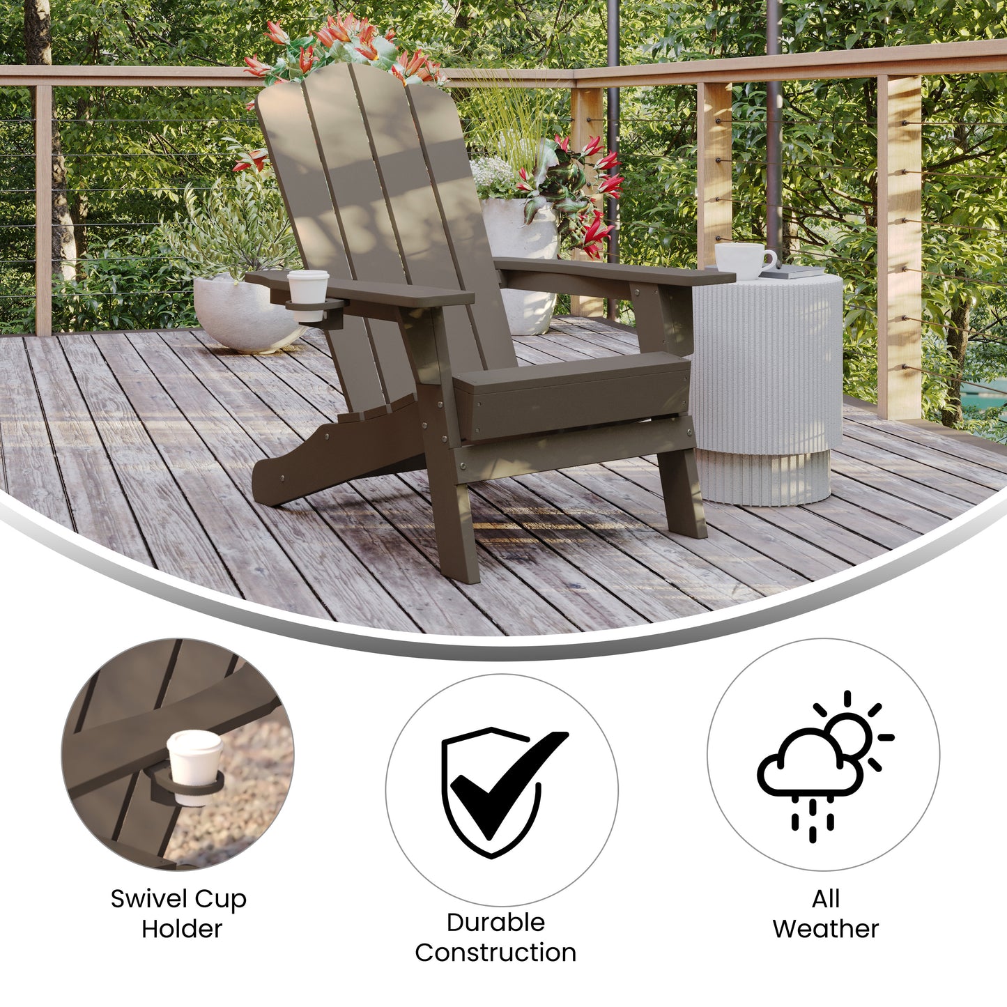 Newport Adirondack Chair with Cup Holder, Weather Resistant HDPE Adirondack Chair in Brown Brown