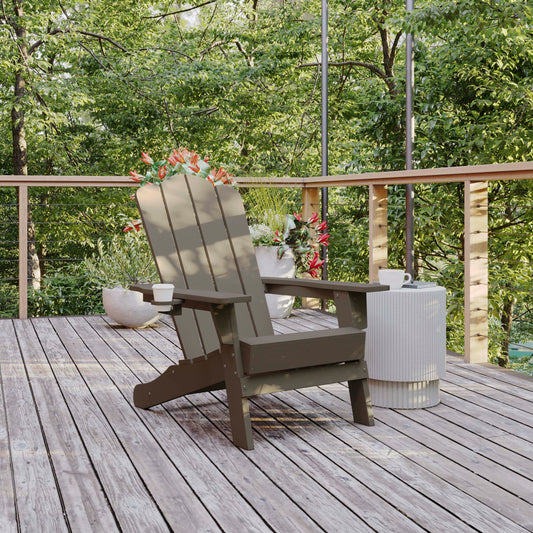 Newport Adirondack Chair with Cup Holder, Weather Resistant HDPE Adirondack Chair in Brown Brown