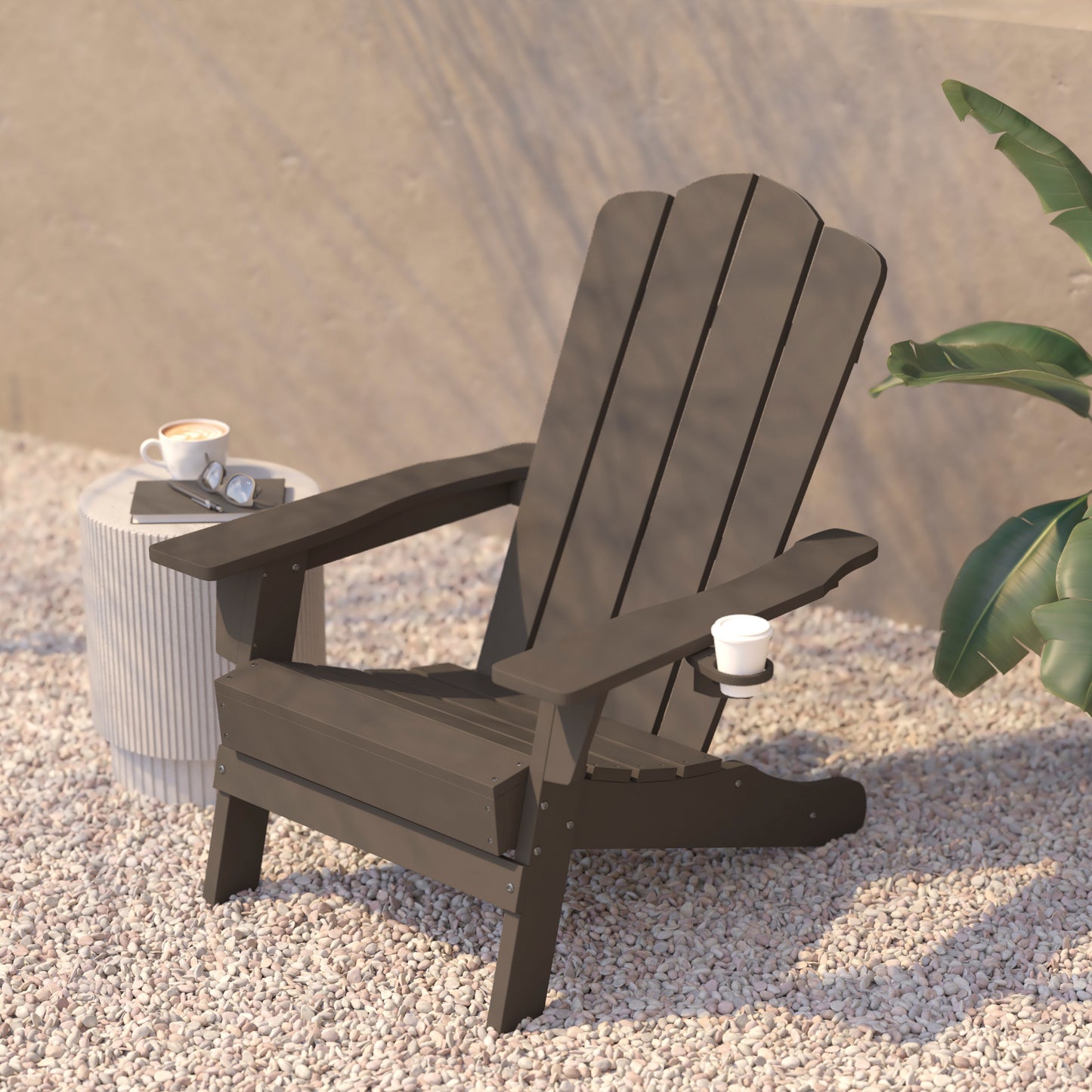 Newport Adirondack Chair with Cup Holder, Weather Resistant HDPE Adirondack Chair in Brown Brown