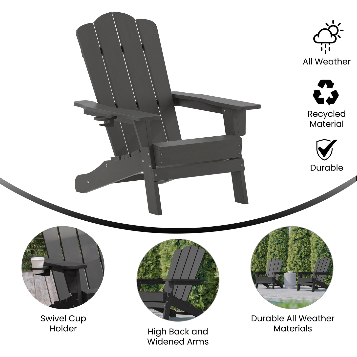 Newport Adirondack Chair with Cup Holder, Weather Resistant HDPE Adirondack Chair in Gray Gray