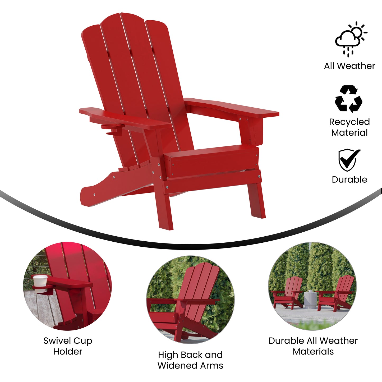 Newport Adirondack Chair with Cup Holder, Weather Resistant HDPE Adirondack Chair in Red Red