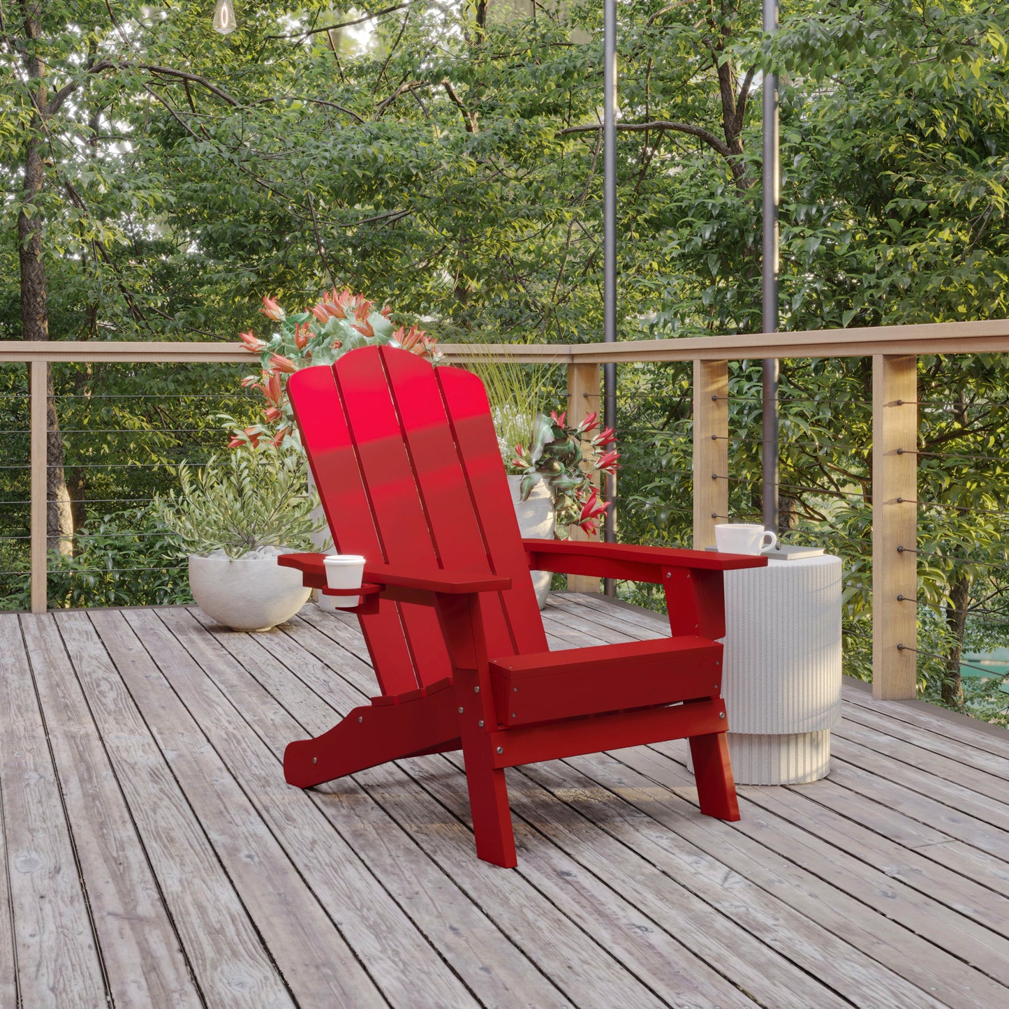 Newport Adirondack Chair with Cup Holder, Weather Resistant HDPE Adirondack Chair in Red Red