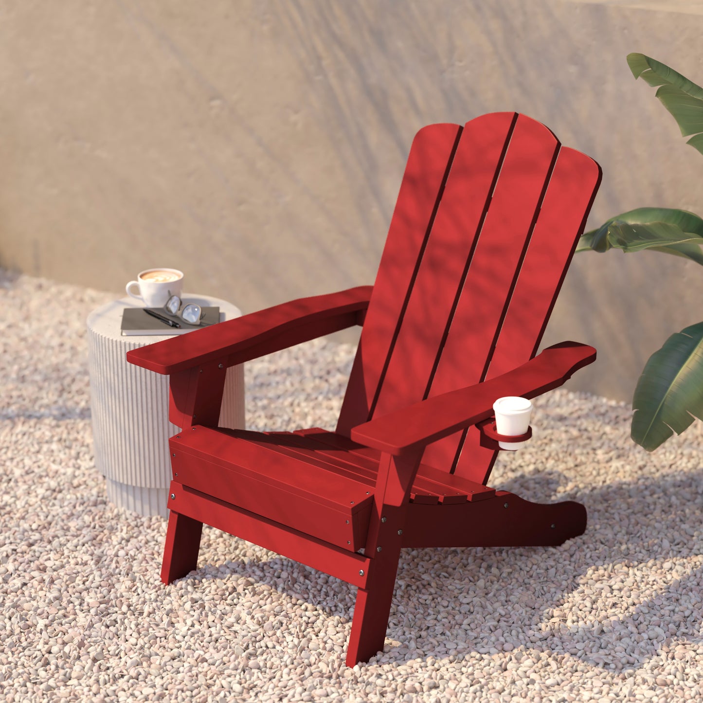 Newport Adirondack Chair with Cup Holder, Weather Resistant HDPE Adirondack Chair in Red Red