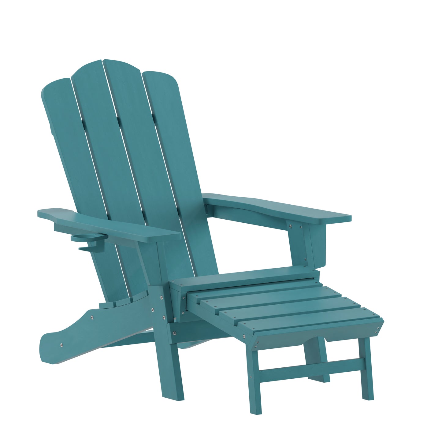 Newport HDPE Adirondack Chair with Cup Holder and Pull Out Ottoman, All-Weather HDPE Indoor/Outdoor Lounge Chair in Blue Blue
