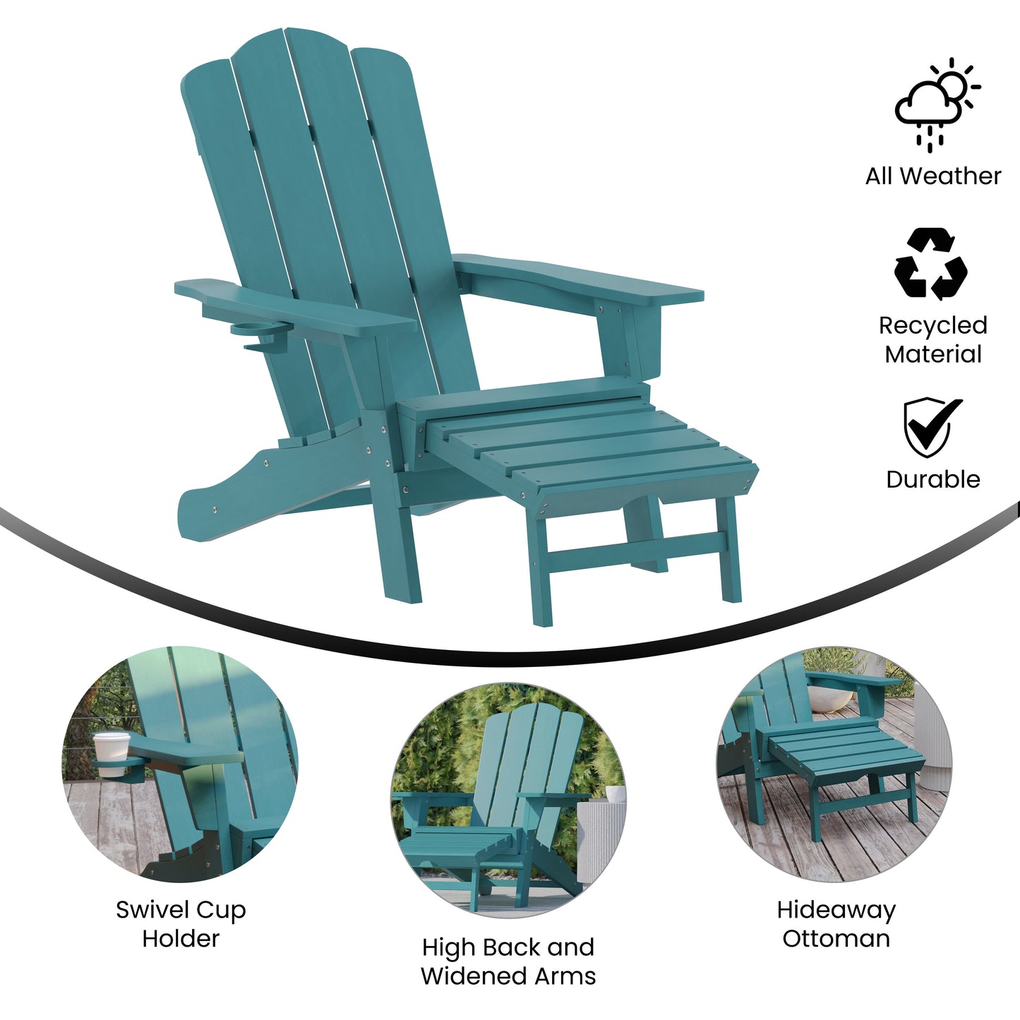 Newport HDPE Adirondack Chair with Cup Holder and Pull Out Ottoman, All-Weather HDPE Indoor/Outdoor Lounge Chair in Blue Blue