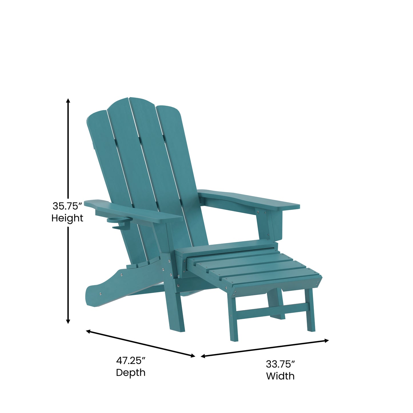Newport HDPE Adirondack Chair with Cup Holder and Pull Out Ottoman, All-Weather HDPE Indoor/Outdoor Lounge Chair in Blue Blue