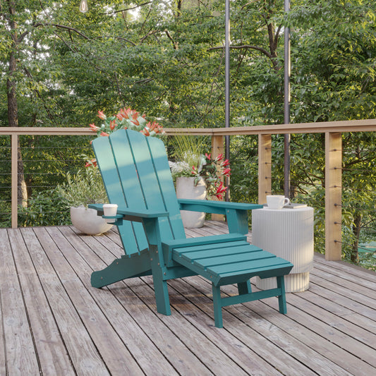 Newport HDPE Adirondack Chair with Cup Holder and Pull Out Ottoman, All-Weather HDPE Indoor/Outdoor Lounge Chair in Blue Blue