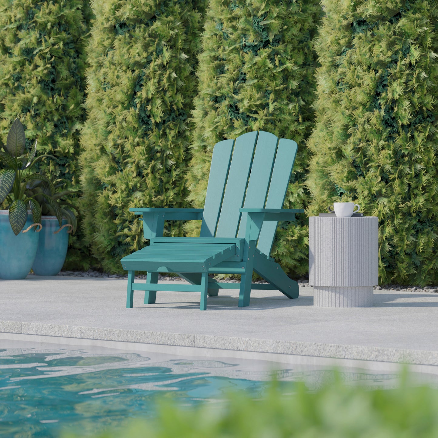Newport HDPE Adirondack Chair with Cup Holder and Pull Out Ottoman, All-Weather HDPE Indoor/Outdoor Lounge Chair in Blue Blue
