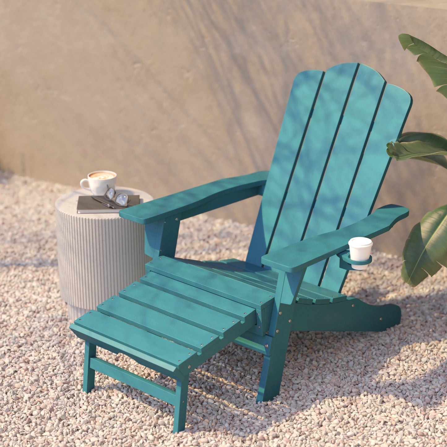 Newport HDPE Adirondack Chair with Cup Holder and Pull Out Ottoman, All-Weather HDPE Indoor/Outdoor Lounge Chair in Blue Blue
