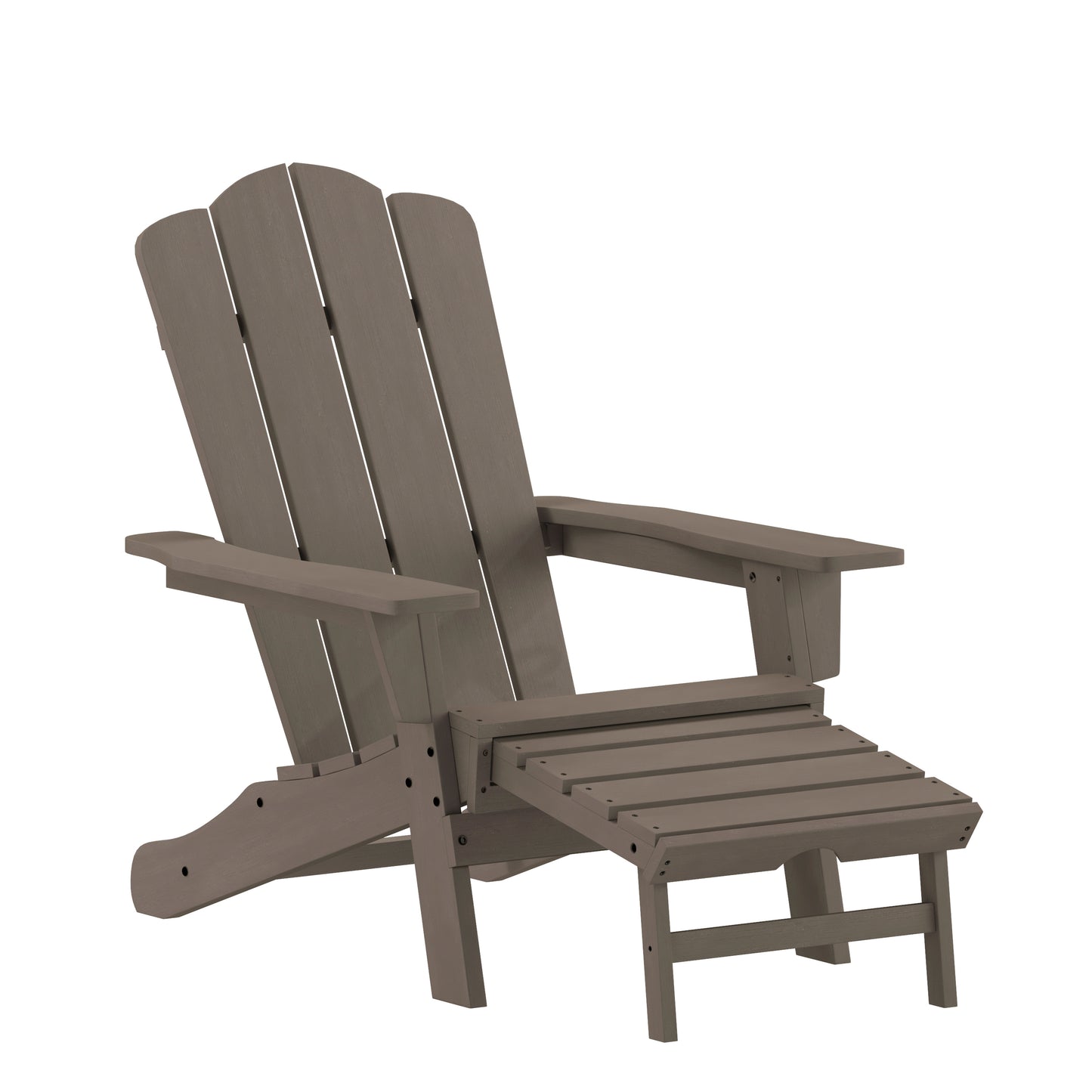 Newport HDPE Adirondack Chair with Cup Holder and Pull Out Ottoman, All-Weather HDPE Indoor/Outdoor Lounge Chair in Brown Brown