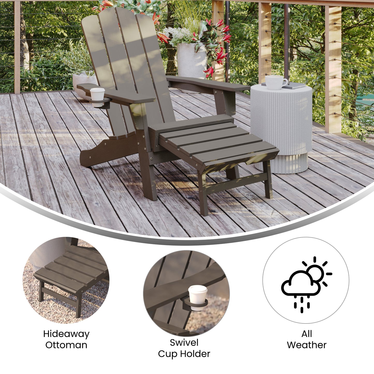Newport HDPE Adirondack Chair with Cup Holder and Pull Out Ottoman, All-Weather HDPE Indoor/Outdoor Lounge Chair in Brown Brown