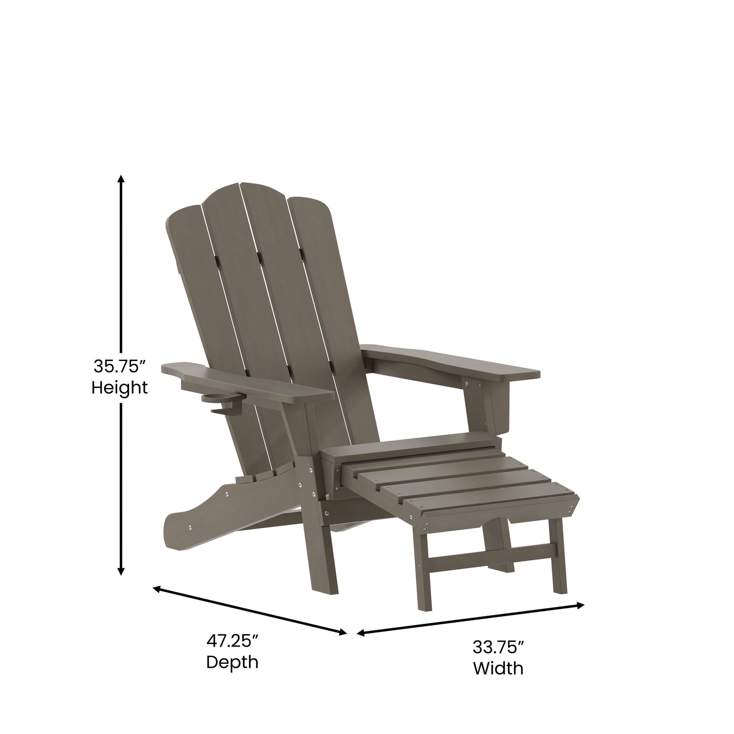 Newport HDPE Adirondack Chair with Cup Holder and Pull Out Ottoman, All-Weather HDPE Indoor/Outdoor Lounge Chair in Brown Brown