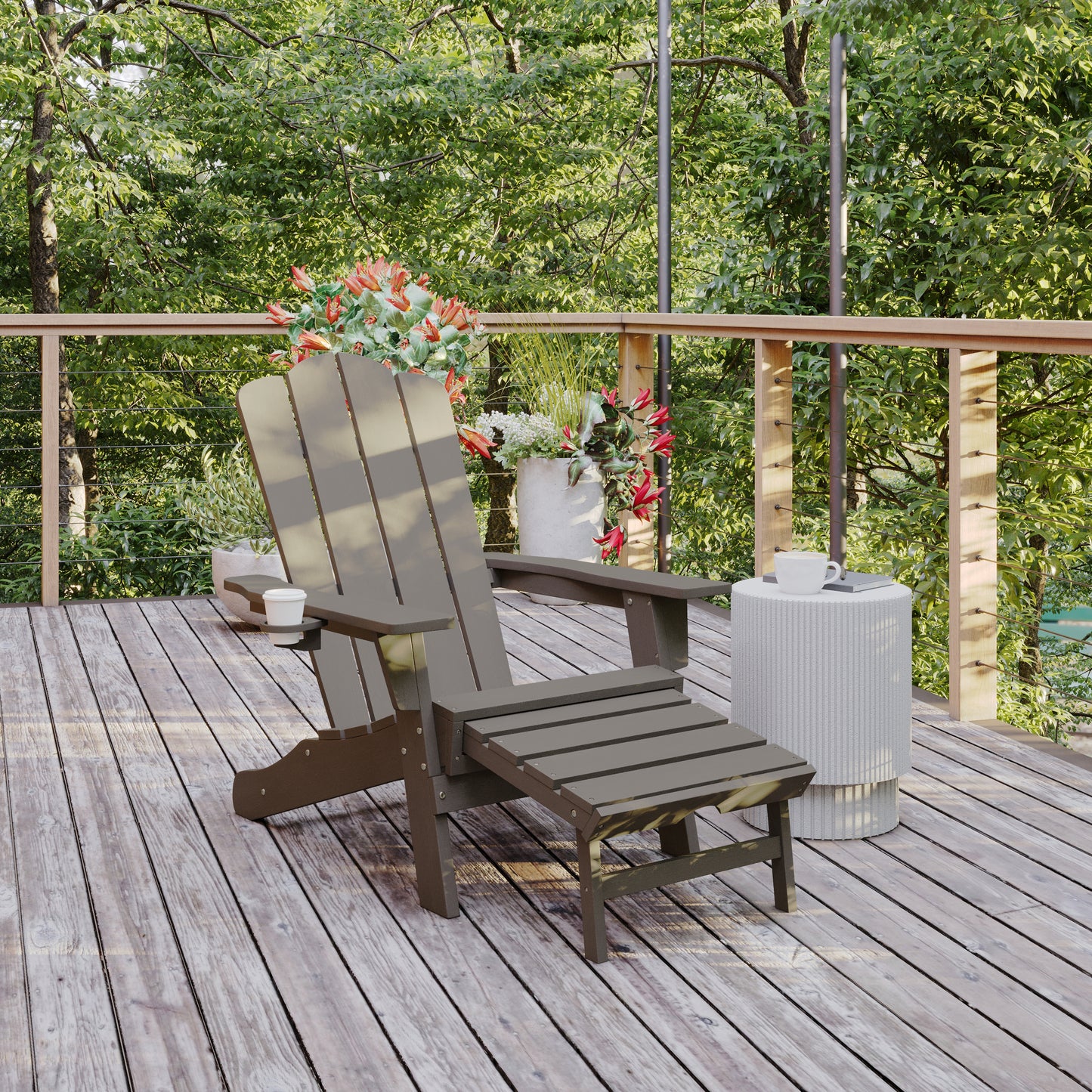 Newport HDPE Adirondack Chair with Cup Holder and Pull Out Ottoman, All-Weather HDPE Indoor/Outdoor Lounge Chair in Brown Brown