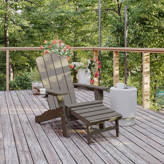 Newport HDPE Adirondack Chair with Cup Holder and Pull Out Ottoman, All-Weather HDPE Indoor/Outdoor Lounge Chair in Brown Brown