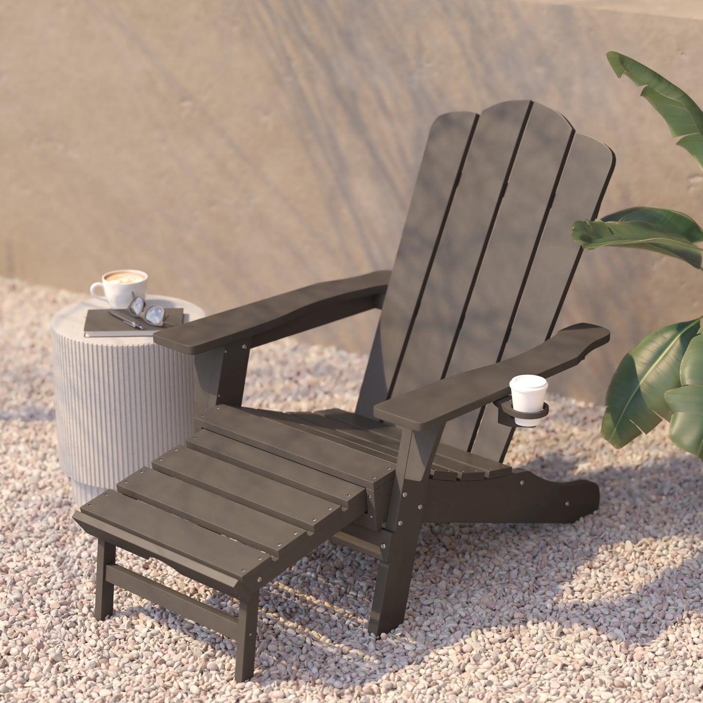 Newport HDPE Adirondack Chair with Cup Holder and Pull Out Ottoman, All-Weather HDPE Indoor/Outdoor Lounge Chair in Brown Brown