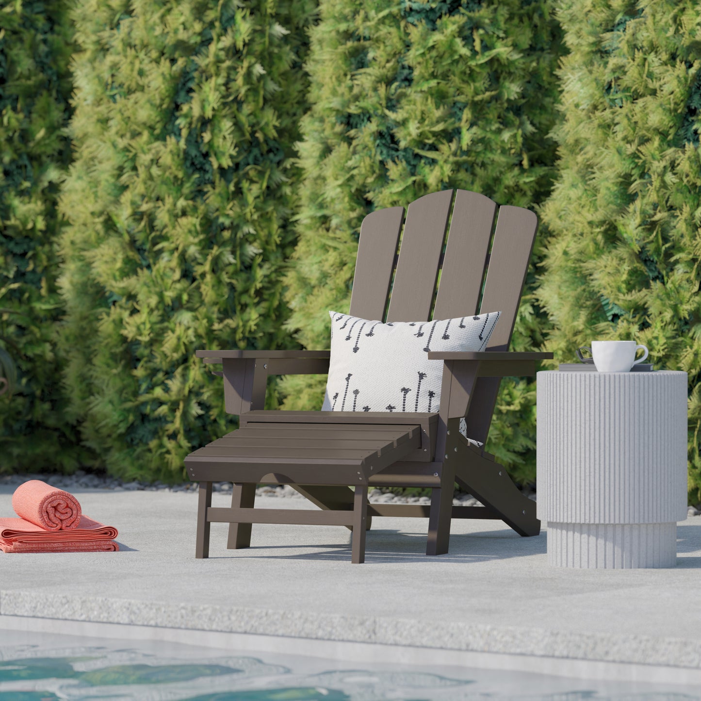 Newport HDPE Adirondack Chair with Cup Holder and Pull Out Ottoman, All-Weather HDPE Indoor/Outdoor Lounge Chair in Brown Brown