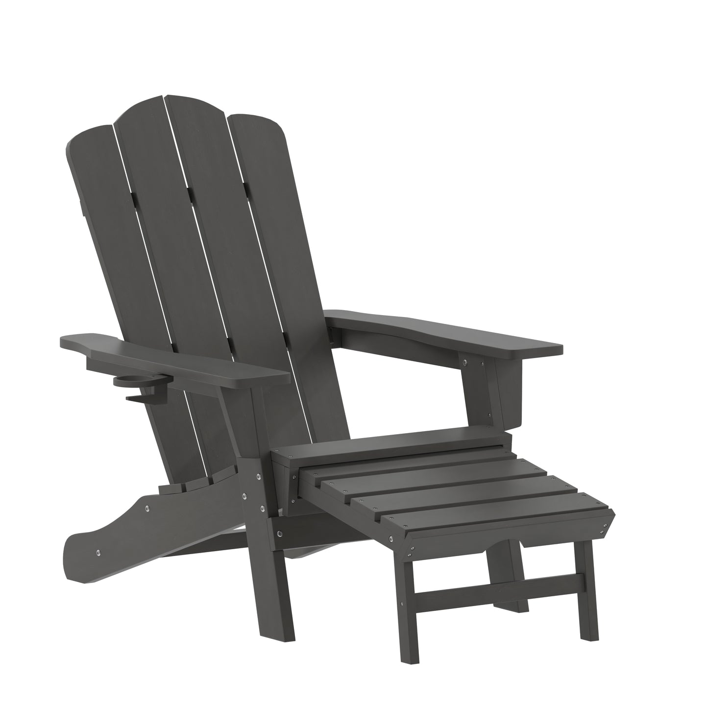 Newport HDPE Adirondack Chair with Cup Holder and Pull Out Ottoman, All-Weather HDPE Indoor/Outdoor Lounge Chair in Gray Gray