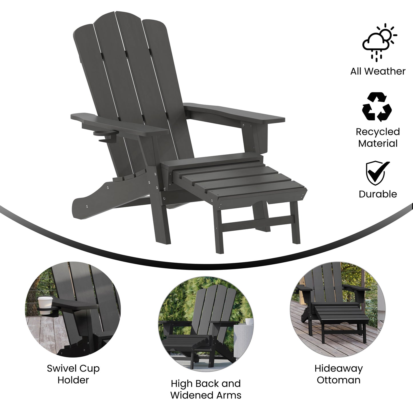 Newport HDPE Adirondack Chair with Cup Holder and Pull Out Ottoman, All-Weather HDPE Indoor/Outdoor Lounge Chair in Gray Gray