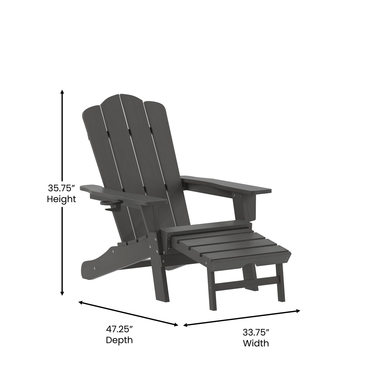 Newport HDPE Adirondack Chair with Cup Holder and Pull Out Ottoman, All-Weather HDPE Indoor/Outdoor Lounge Chair in Gray Gray