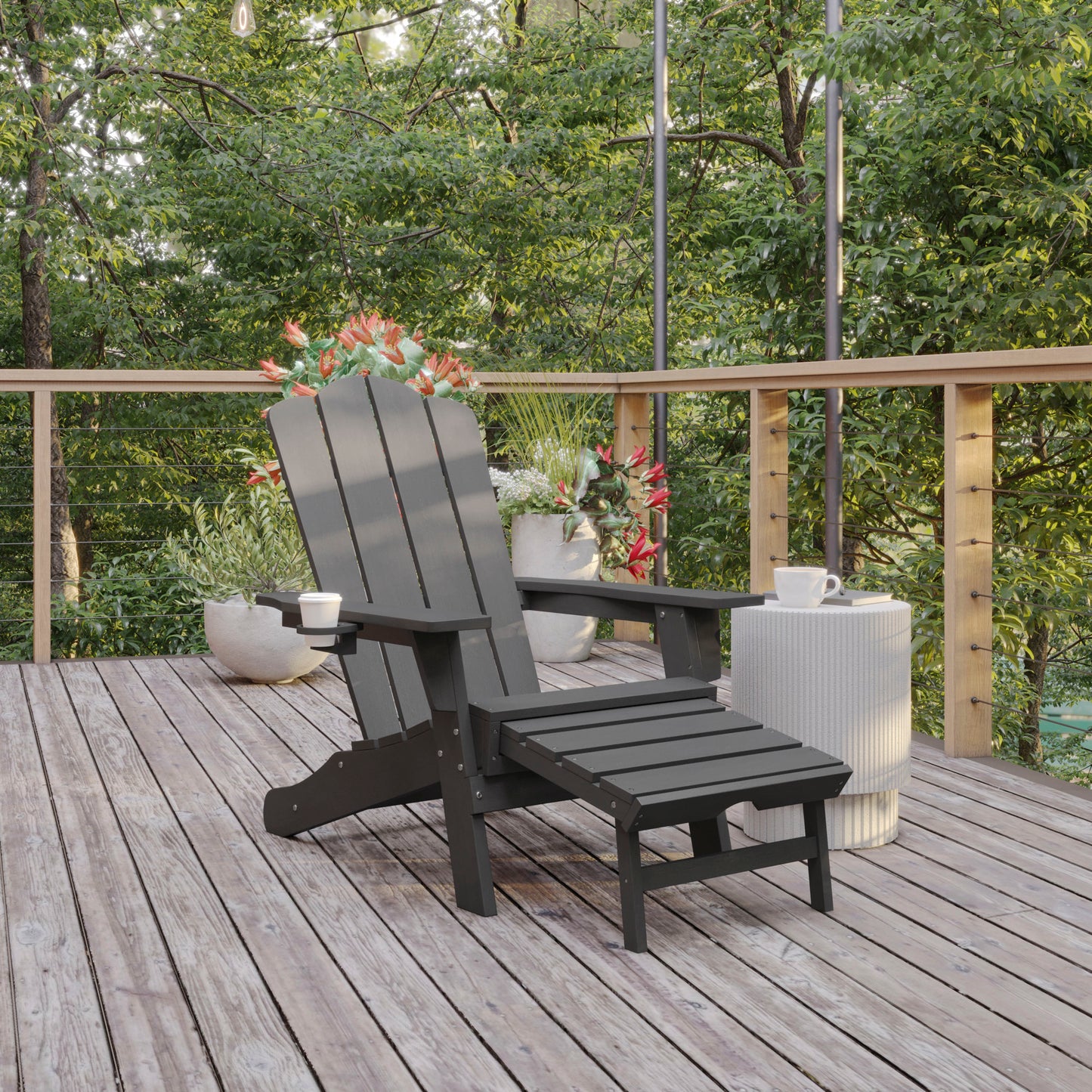 Newport HDPE Adirondack Chair with Cup Holder and Pull Out Ottoman, All-Weather HDPE Indoor/Outdoor Lounge Chair in Gray Gray