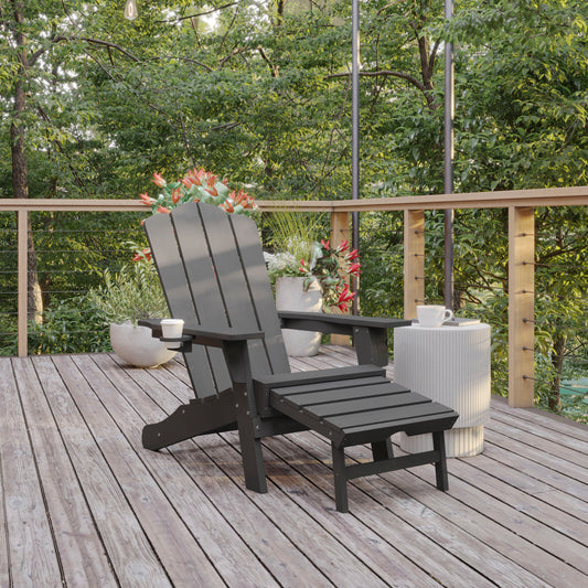 Newport HDPE Adirondack Chair with Cup Holder and Pull Out Ottoman, All-Weather HDPE Indoor/Outdoor Lounge Chair in Gray Gray