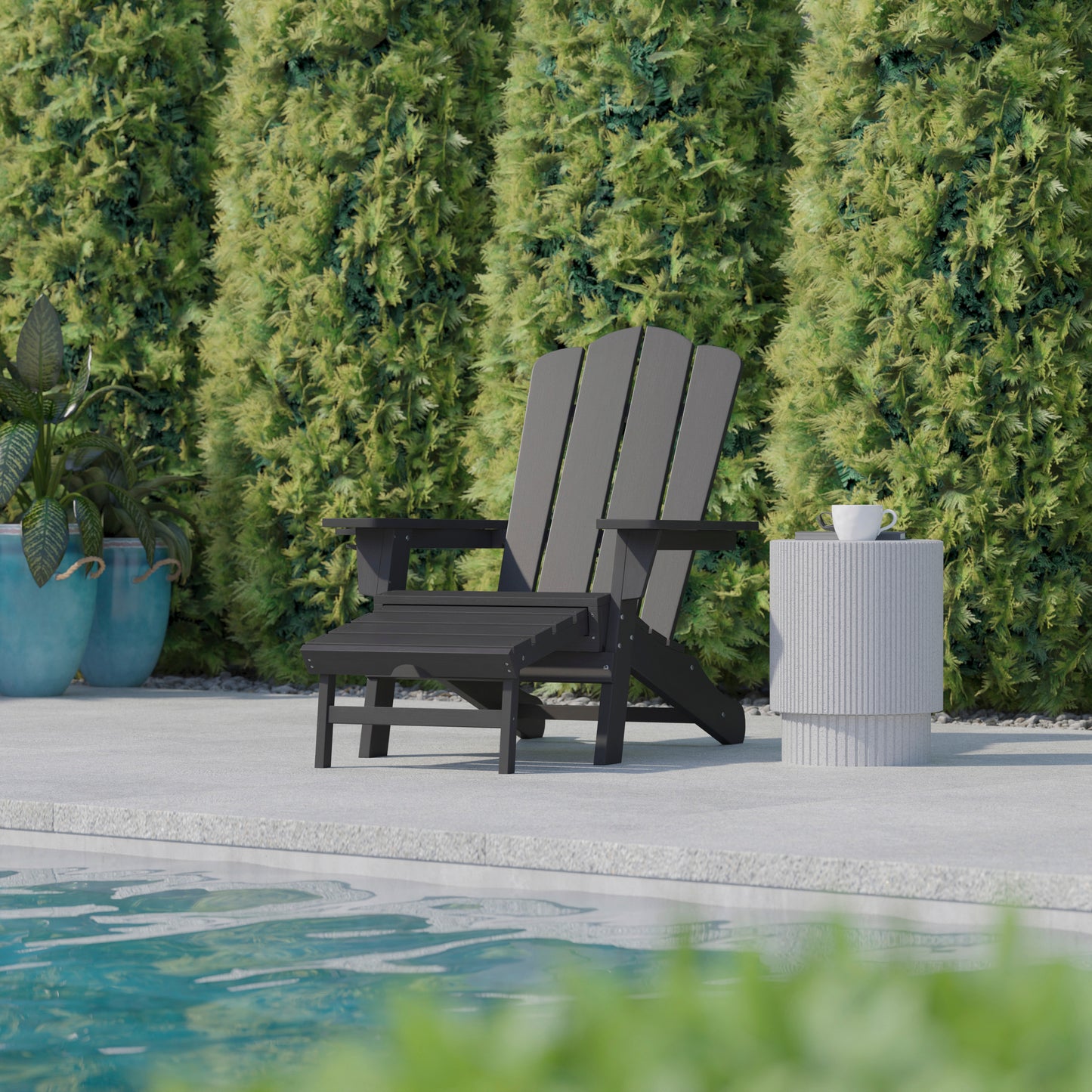 Newport HDPE Adirondack Chair with Cup Holder and Pull Out Ottoman, All-Weather HDPE Indoor/Outdoor Lounge Chair in Gray Gray