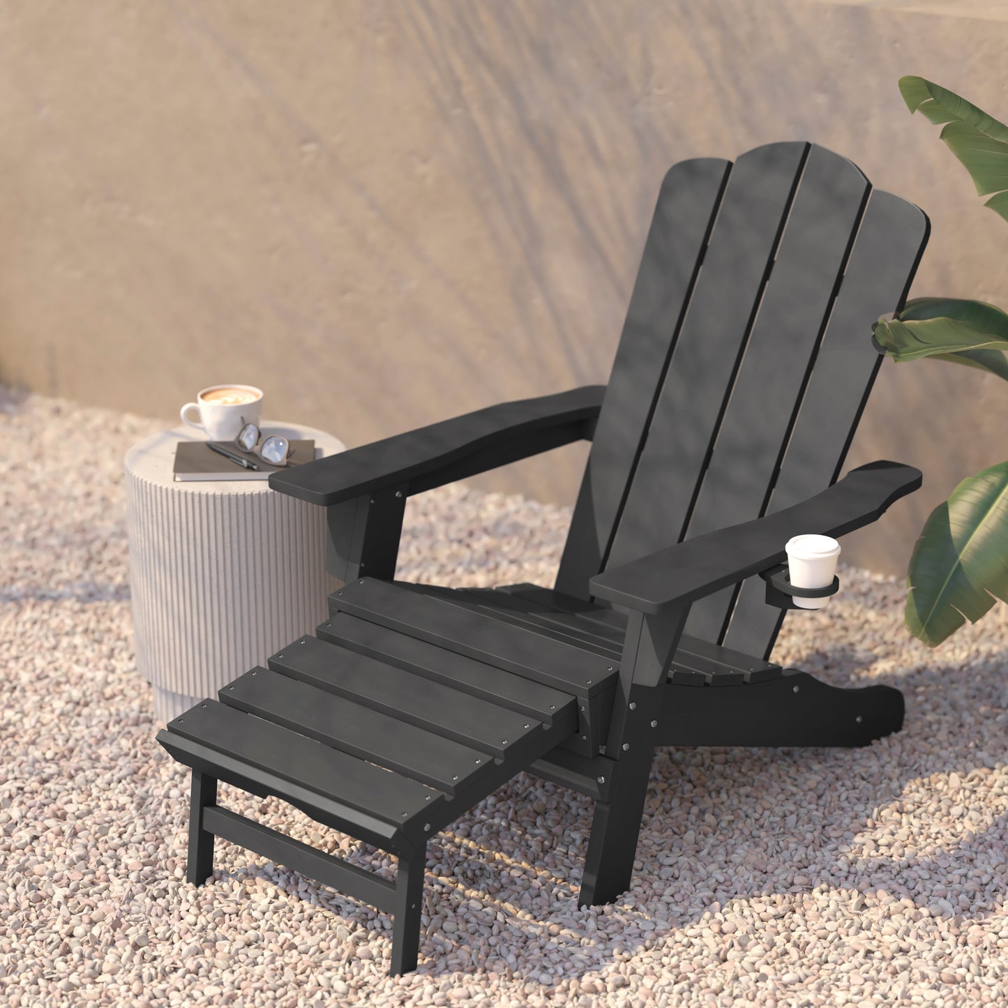 Newport HDPE Adirondack Chair with Cup Holder and Pull Out Ottoman, All-Weather HDPE Indoor/Outdoor Lounge Chair in Gray Gray