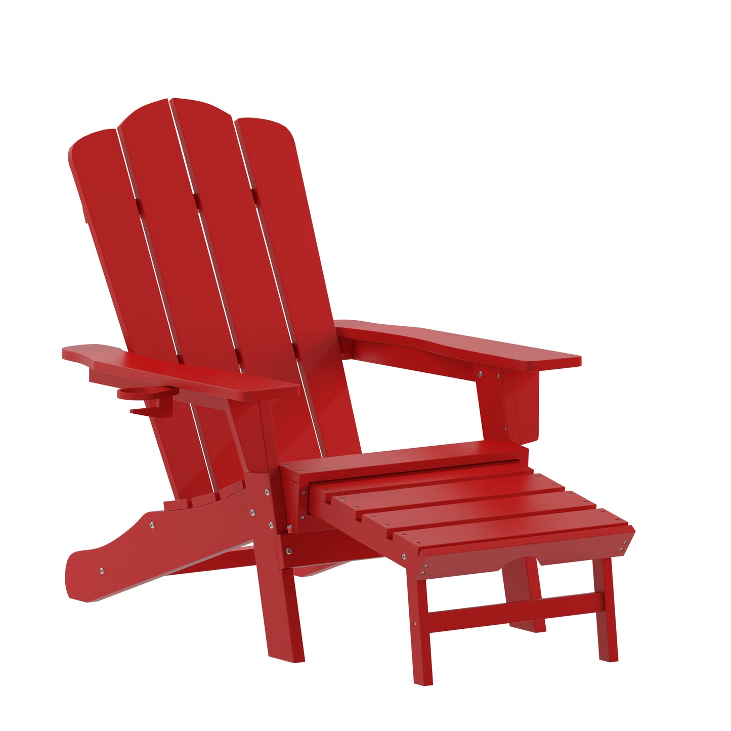 Newport HDPE Adirondack Chair with Cup Holder and Pull Out Ottoman, All-Weather HDPE Indoor/Outdoor Lounge Chair in Red Red