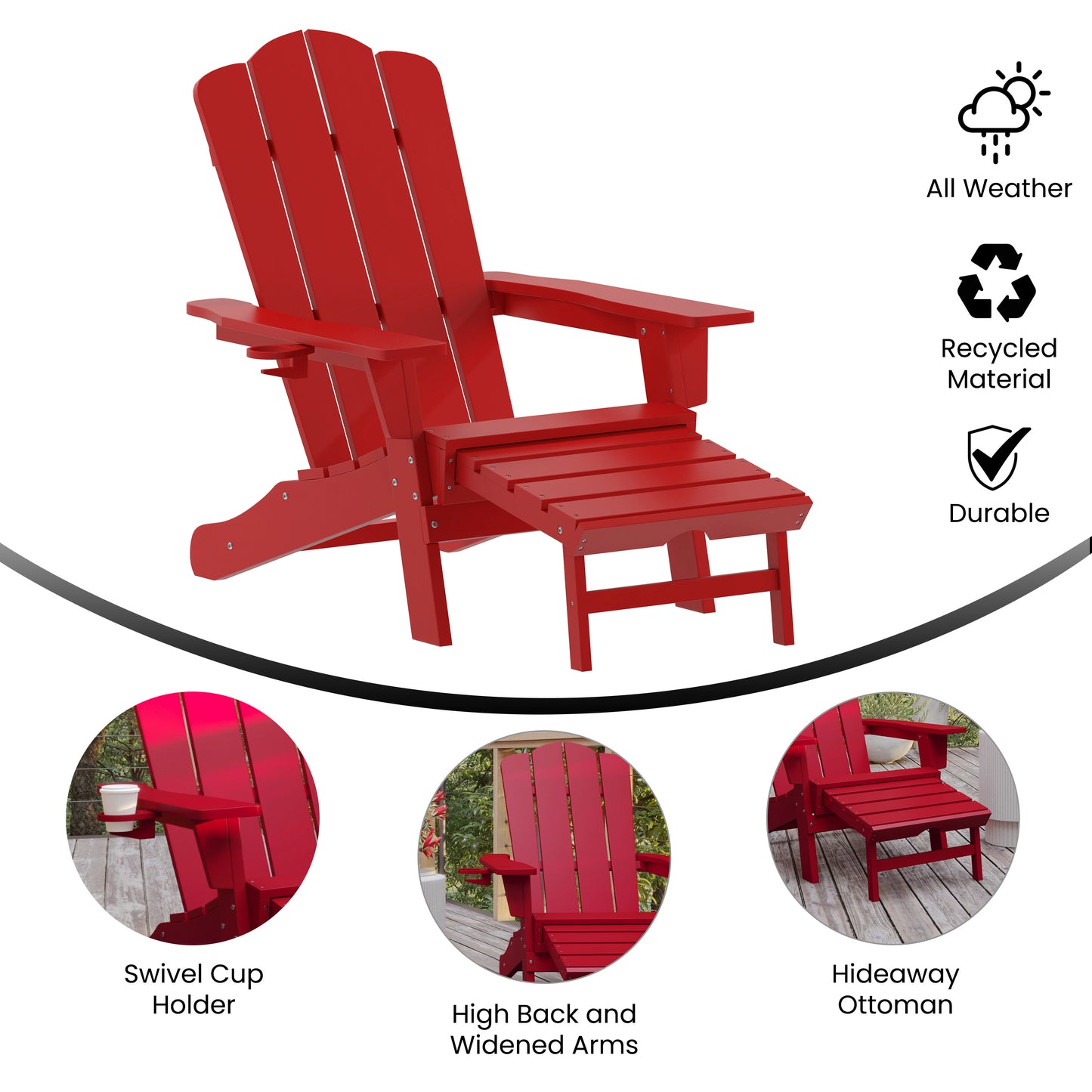 Newport HDPE Adirondack Chair with Cup Holder and Pull Out Ottoman, All-Weather HDPE Indoor/Outdoor Lounge Chair in Red Red