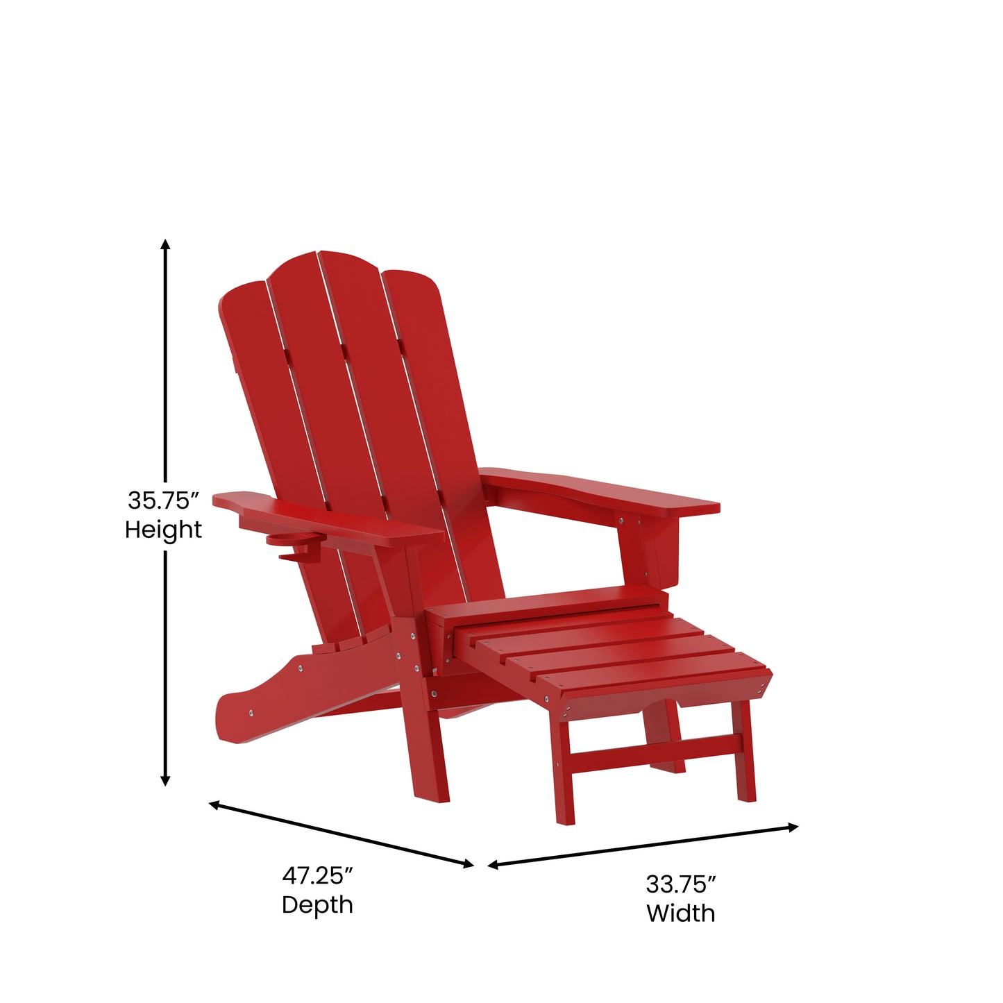 Newport HDPE Adirondack Chair with Cup Holder and Pull Out Ottoman, All-Weather HDPE Indoor/Outdoor Lounge Chair in Red Red
