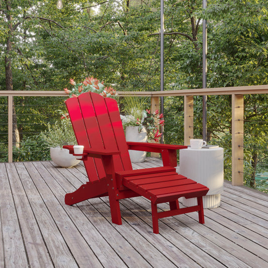 Newport HDPE Adirondack Chair with Cup Holder and Pull Out Ottoman, All-Weather HDPE Indoor/Outdoor Lounge Chair in Red Red